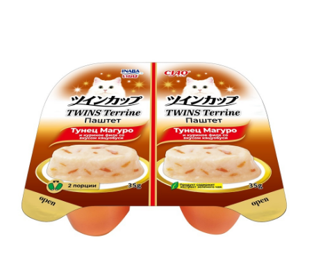 INABA ЧАО ТВИНС ТЕРРИН Паштет для кошек тунец Магуро и куриное филе со вкусом кацуобуси, 70 гр MZB644429 - фото 16318