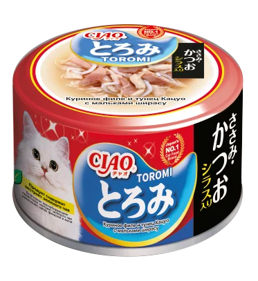 INABA ТОРОМИ в бульоне куриное филе и тунец кацуо с мальками ширасу, для кошек ж/б, 80 гр MZB947179 - фото 16321