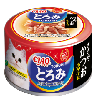INABA ТОРОМИ в бульоне куриное филе и тунец кацуо со вкусом гребешка для кошек ж/б, 80 гр MZB947162 - фото 16323