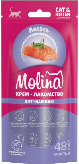 MOLINA Лакомство для котят и кошек "Крем-лакомство с Лососем" Anti-Hairball, 144 гр MZB013453 - фото 16497