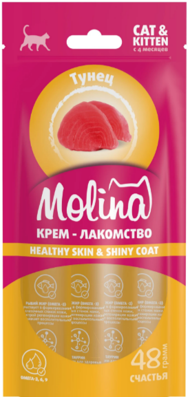 MOLINA, Функциональное крем-лакомство с тунцом для взрослых кошек Здоровая кожа, густая и блестящая шерсть, 48 гр MZB074075 - фото 16509