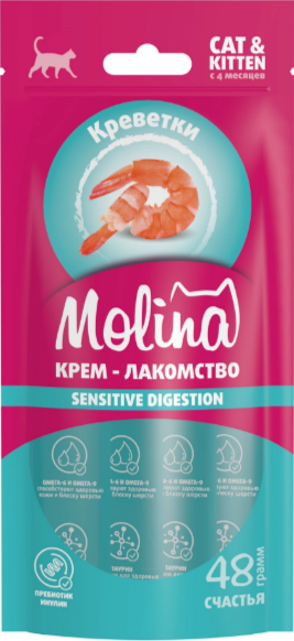 MOLINA, Функциональное крем-лакомство с креветками для взрослых кошек Поддержка здорового метаболизма, 48 гр MZB074099 - фото 16515