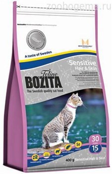 BOZITA Feline Funktion Sensitive Hair & Skin, сухое питание для взрослых и молодых кошек с чувствительной кожей и шерстью, для длинношерстных кошек, 400гр - фото 4771