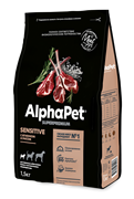 ALPHAPET Сухой полнорационный корм с ягненком и рисом для взрослых собак мелких пород с чувствительным пищеварением, 1,5кг