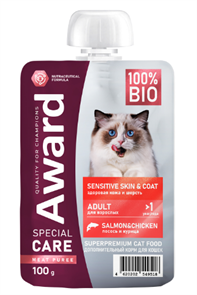 {{productViewItem.photos[photoViewList.activeNavIndex].Alt || productViewItem.photos[photoViewList.activeNavIndex].Description || 'Влажный доп. корм AWARD SPECIAL CARE Sensitive skin&amp;coat "мясное пюре" для взрослых кошек для здоровья кожи и шерсти из курицы с лососем, 100 гр'}}