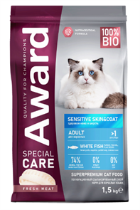 {{productViewItem.photos[photoViewList.activeNavIndex].Alt || productViewItem.photos[photoViewList.activeNavIndex].Description || 'Сухой корм AWARD SPECIAL CARE Sensitive Skin&amp;Coat для взрослых кошек для здоровой кожи и шерсти со свежей белой рыбой, 1.5 кг'}}